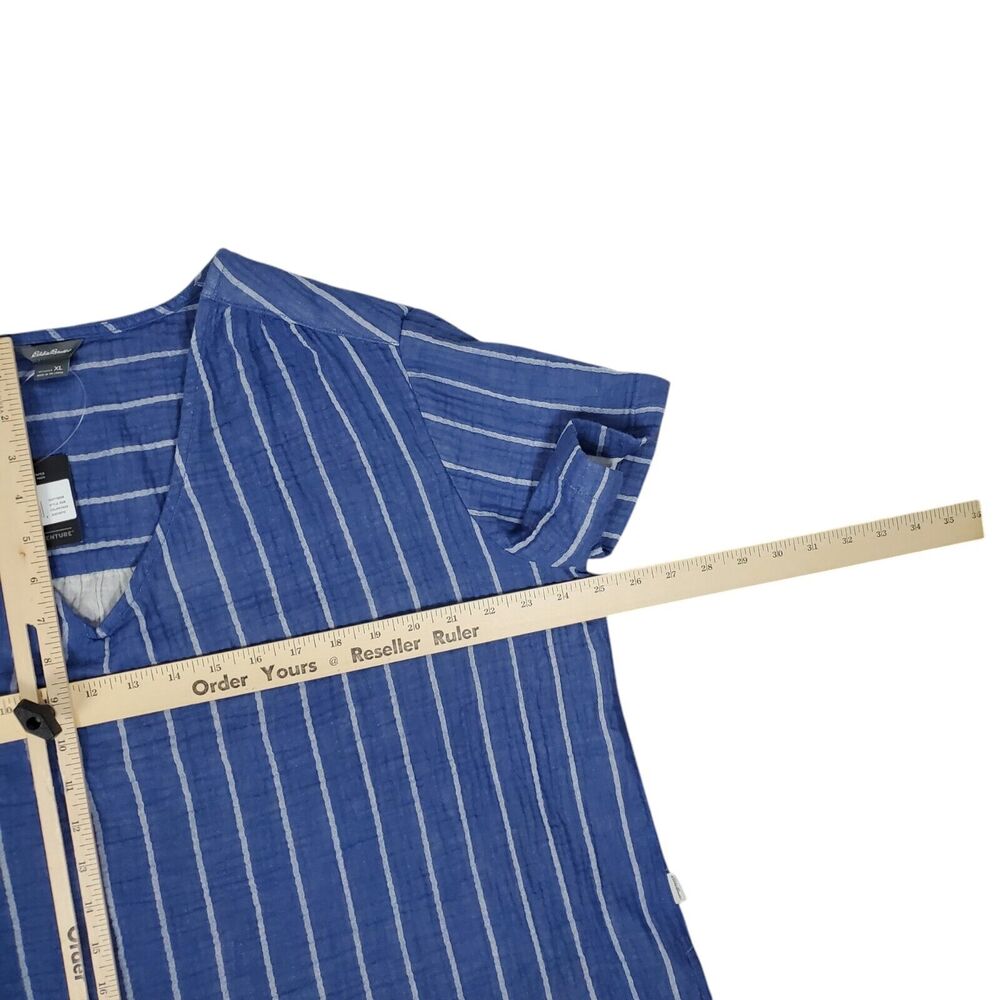 Eddie Bauer Carry On Shirred Short Sleeve Shirt XL Bluebird Boxy Relaxed Fit NEW - Picture 13 of 14
